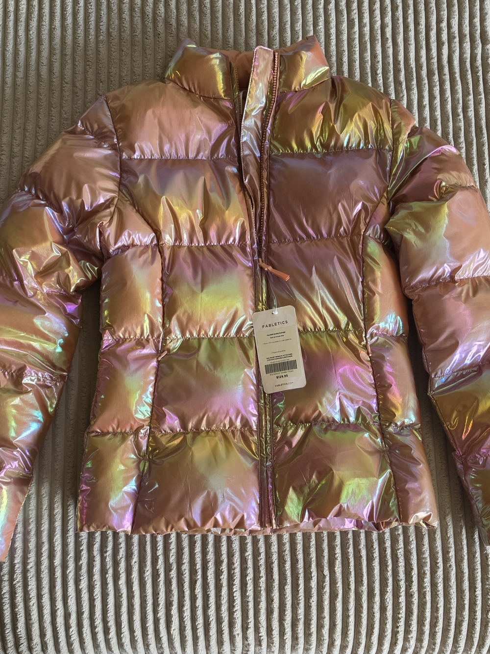 Fabletics Iridescent Pink/Gold Puff Jacket